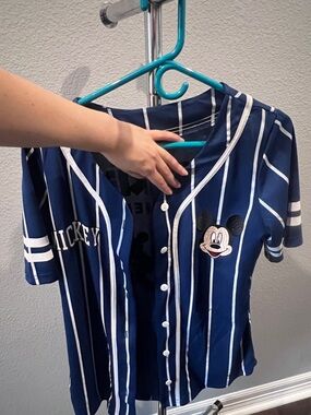Disney Navy Blue and White Mickey Button-Down Baseball Shirt